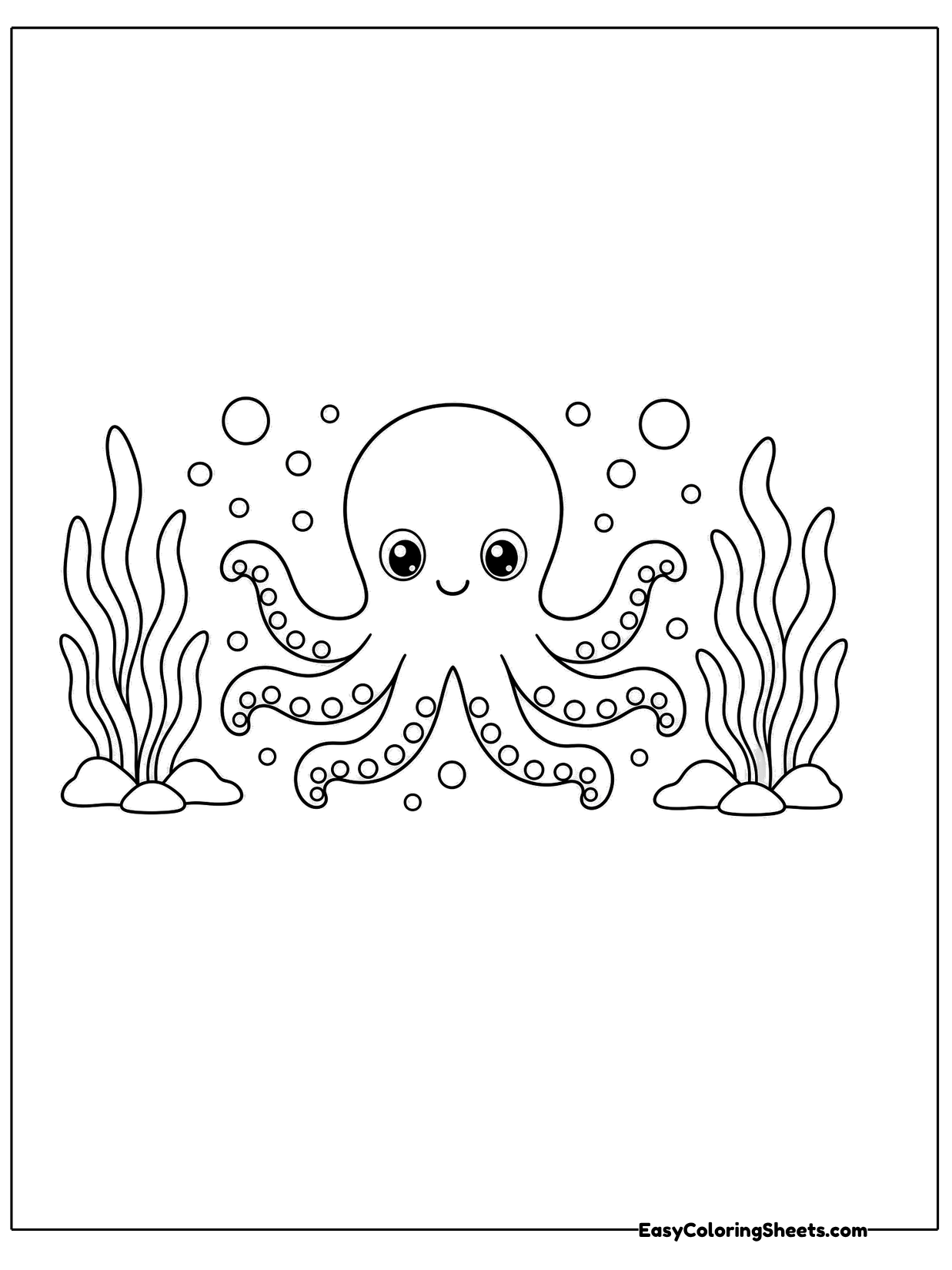 A small octopus floats among seaweed and bubbles in a light underwater scene.