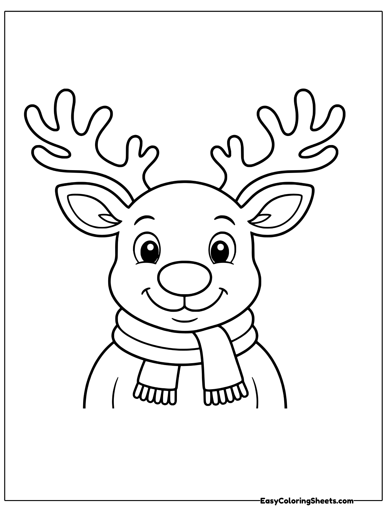 A reindeer is shown from the chest up with wide antlers, a round nose and a striped scarf.