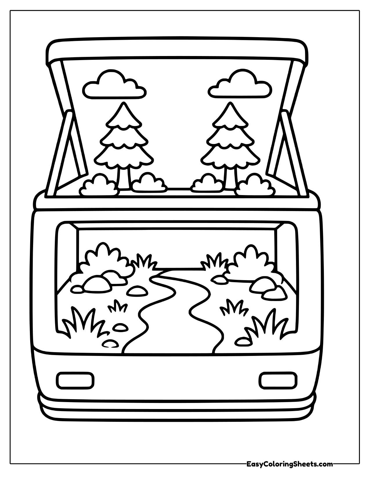 Open trailer framing a forest trail scene