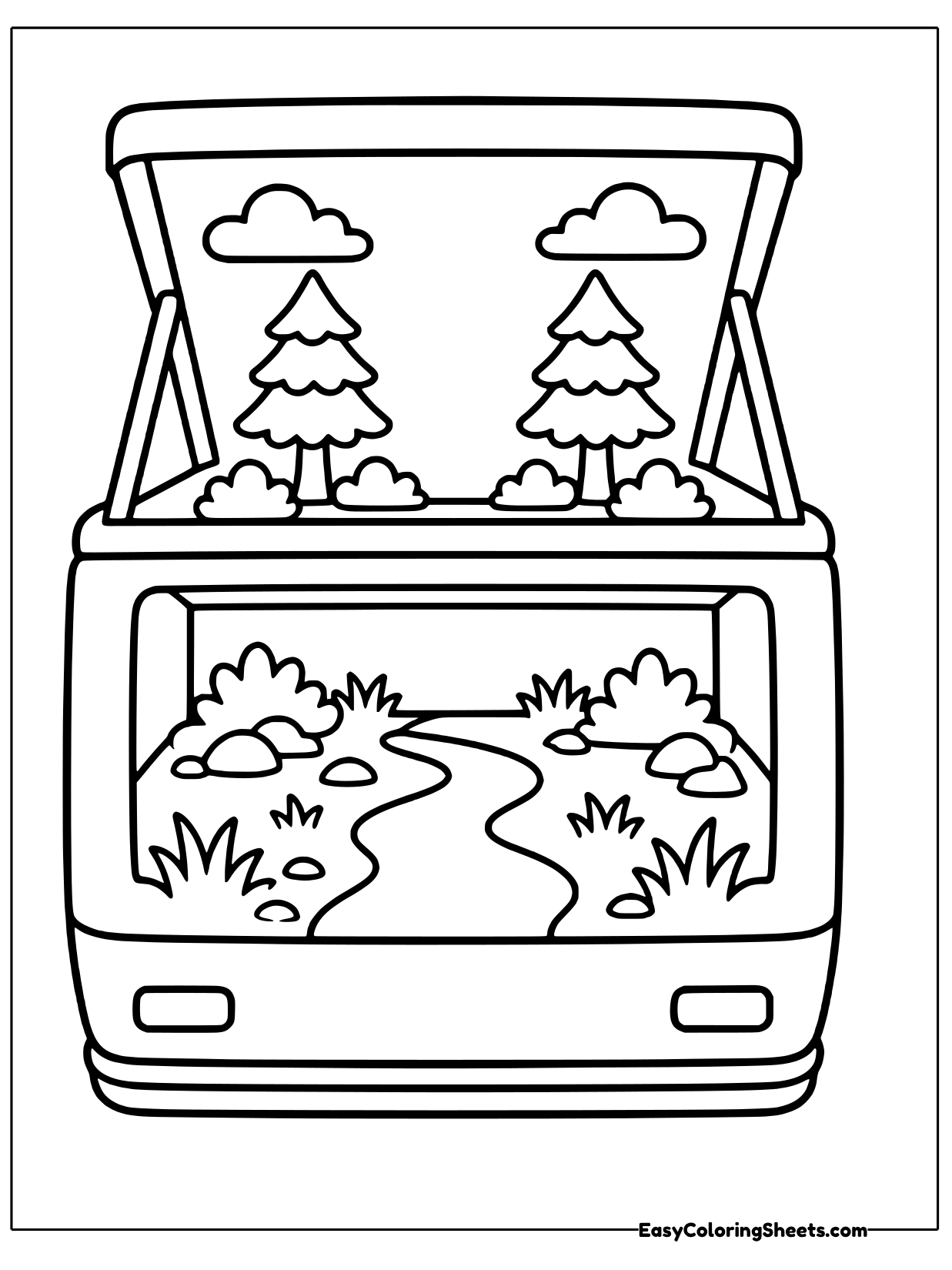 An open trailer box frames a peaceful scene inside, with pine trees and a winding path running through a meadow.