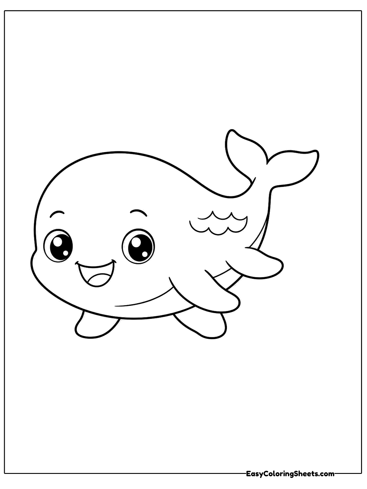A smiling whale swims forward with its tail curved up.