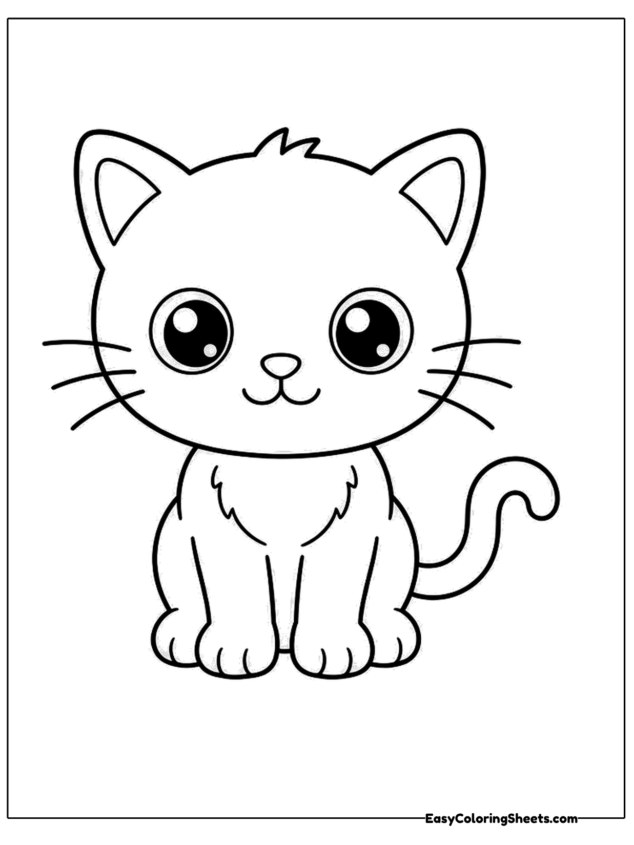 A cute cartoon cat sits upright with its front paws together and its tail curling up behind it.