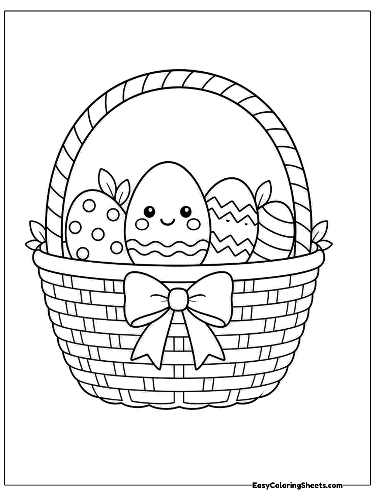 A woven basket with a big bow holds decorated eggs, including one with a smiling face.