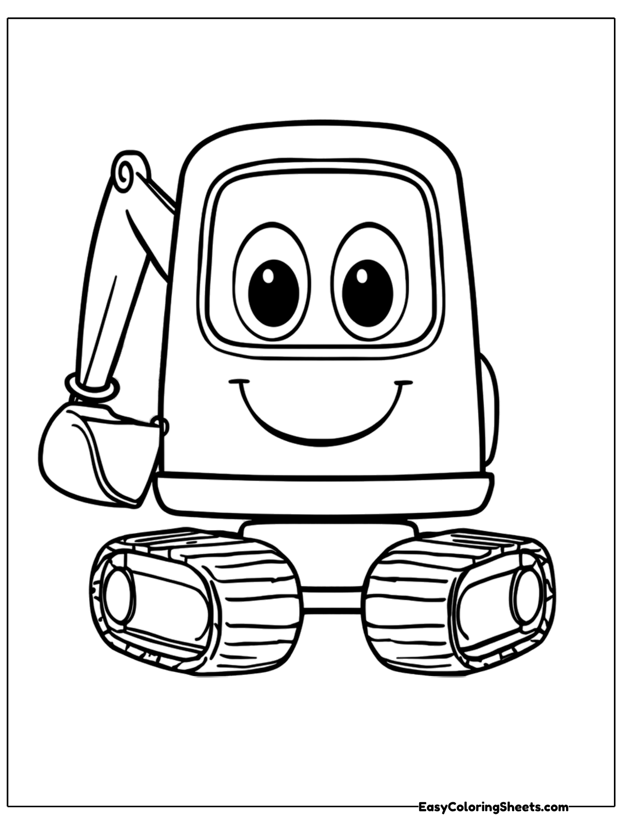A chunky chibi excavator with big friendly eyes and a wide grin sits on its tracks with its arm raised.