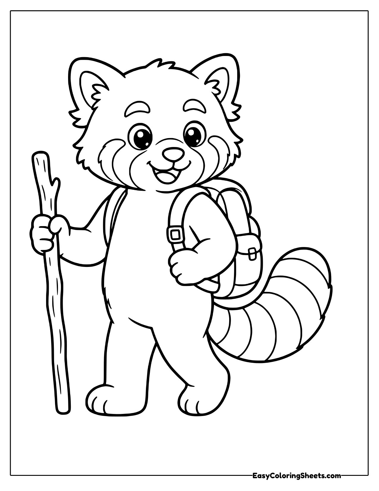 Red panda hiking with a walking stick and a backpack