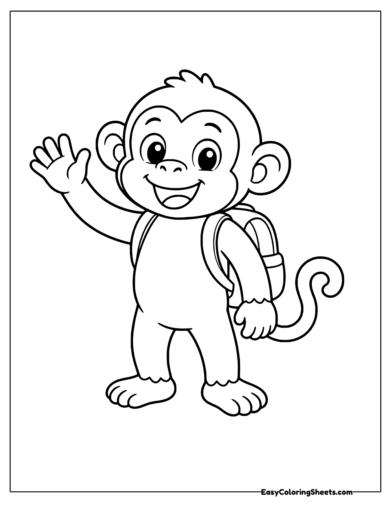 Monkey waving with a backpack