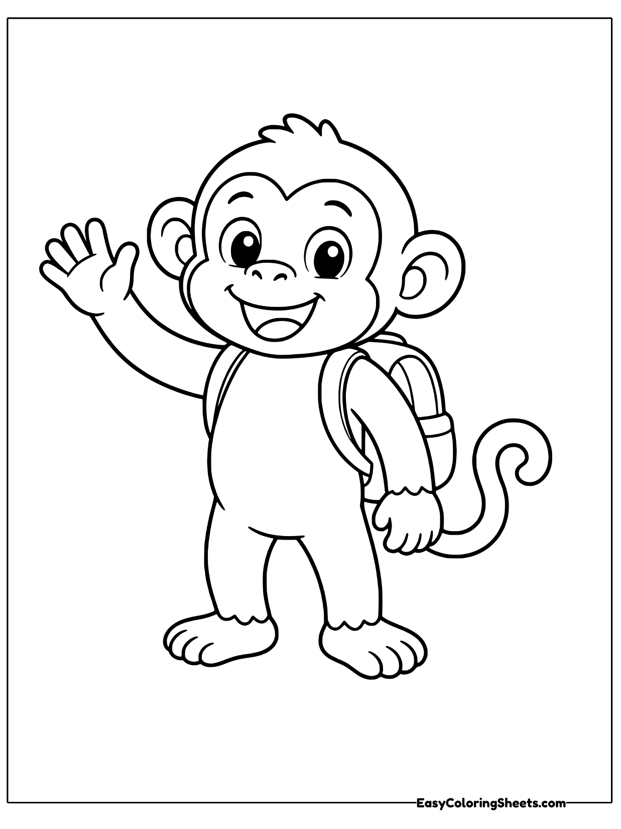 A monkey waves hello while wearing a small backpack on its shoulders.