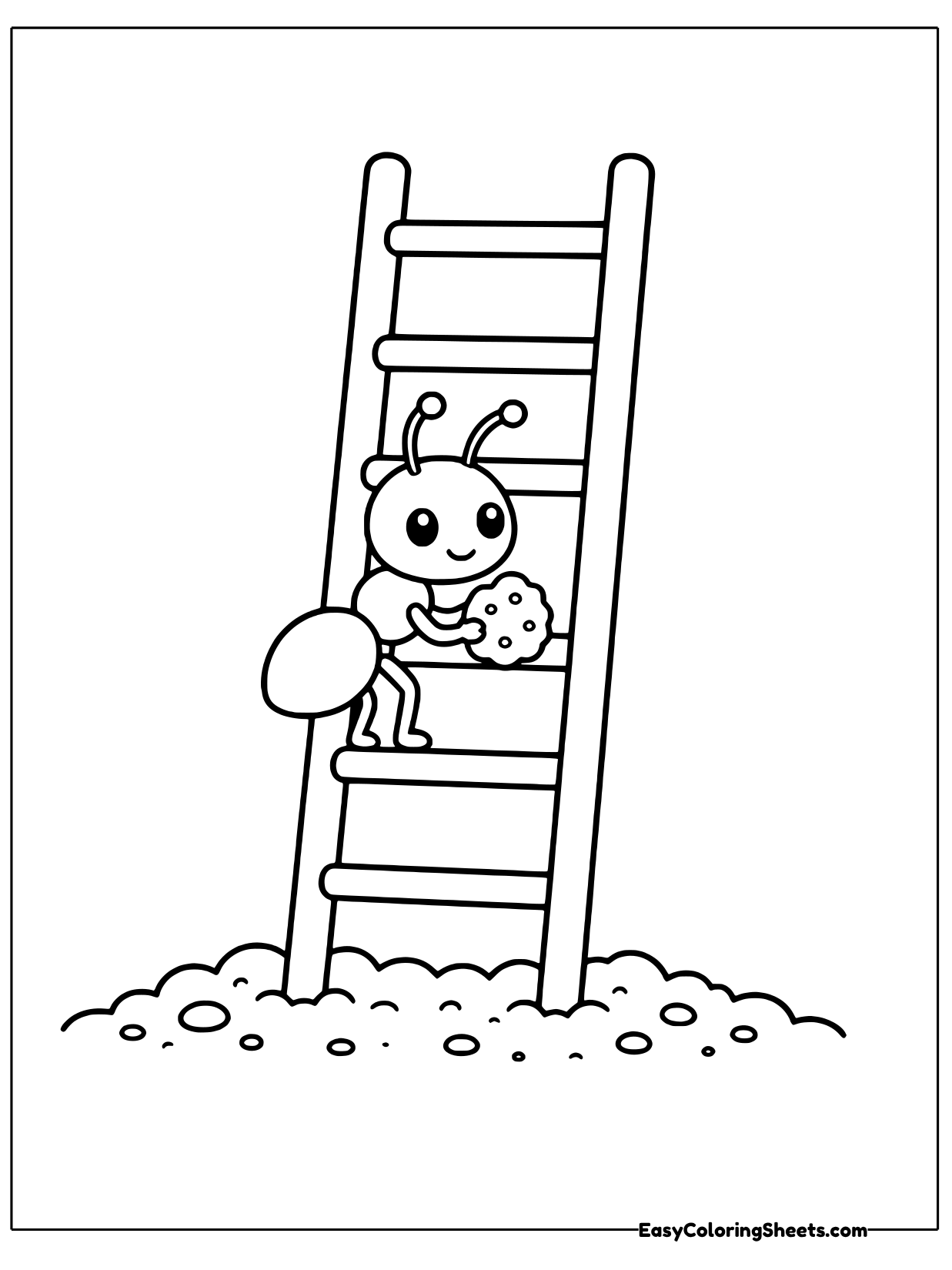 A little ant climbs a tall wooden ladder holding a cookie crumb, while another ant waits at the bottom on the dirt.