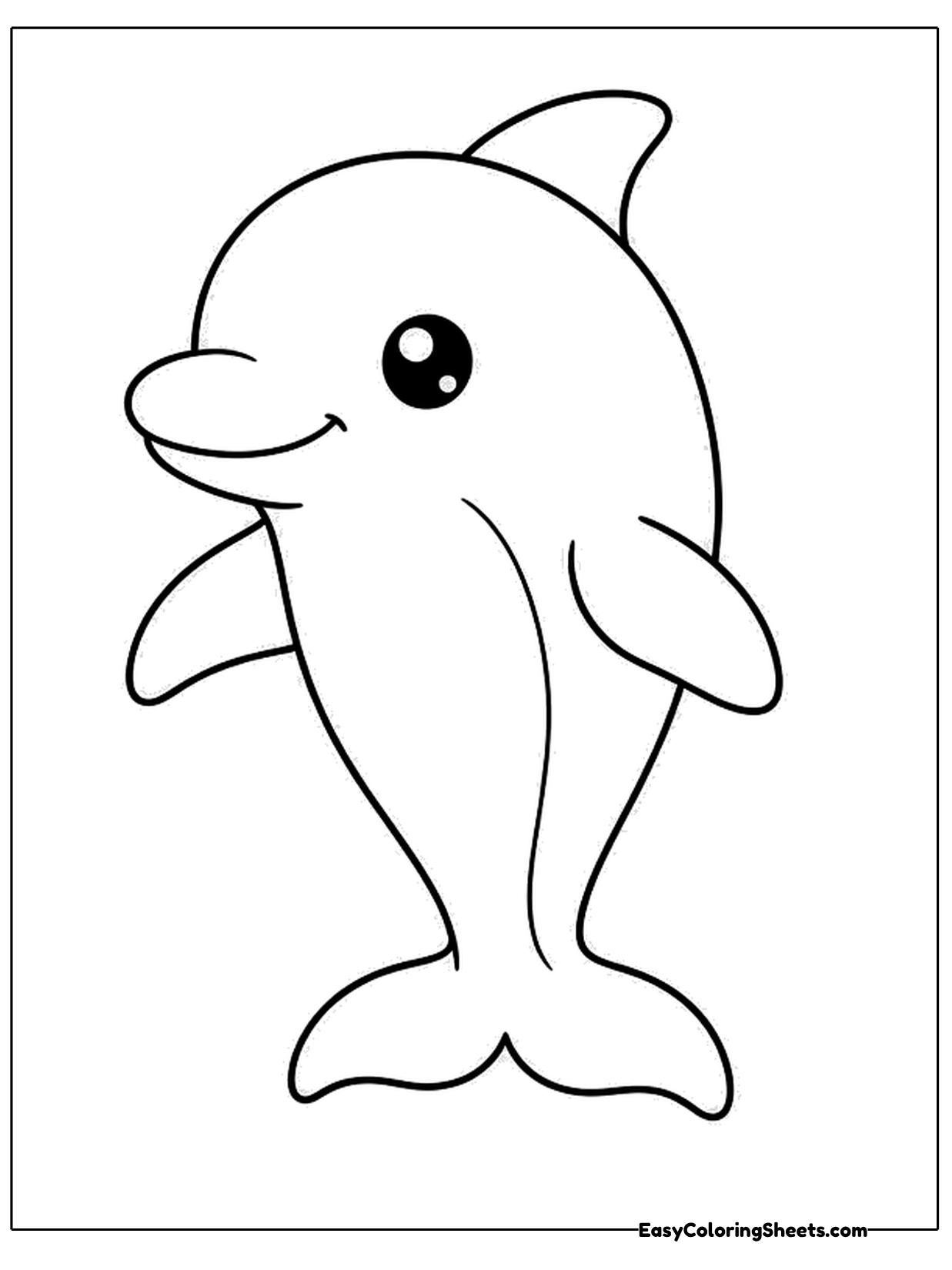 A cute dolphin stands on its tail with its flippers out and a big shiny eye.