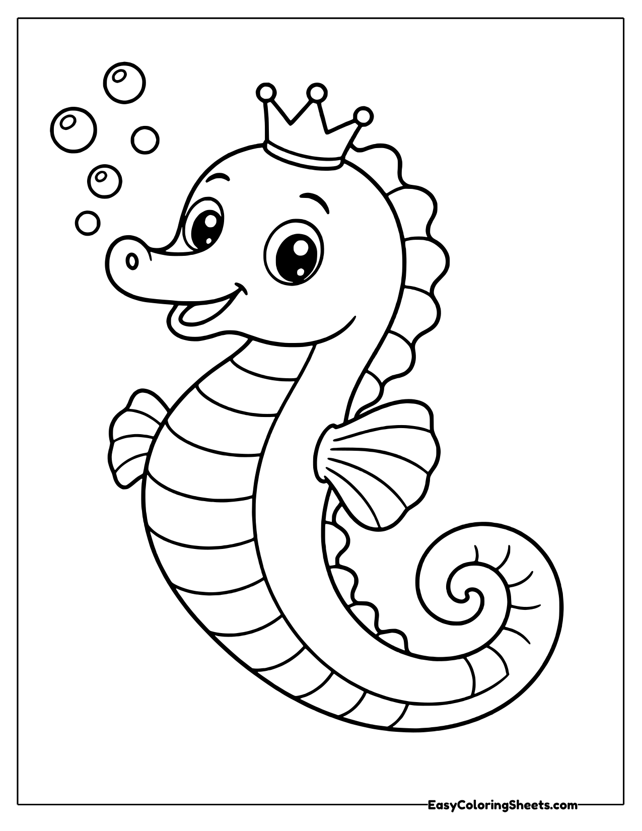 Seahorse wearing a tiny crown with bubbles floating above