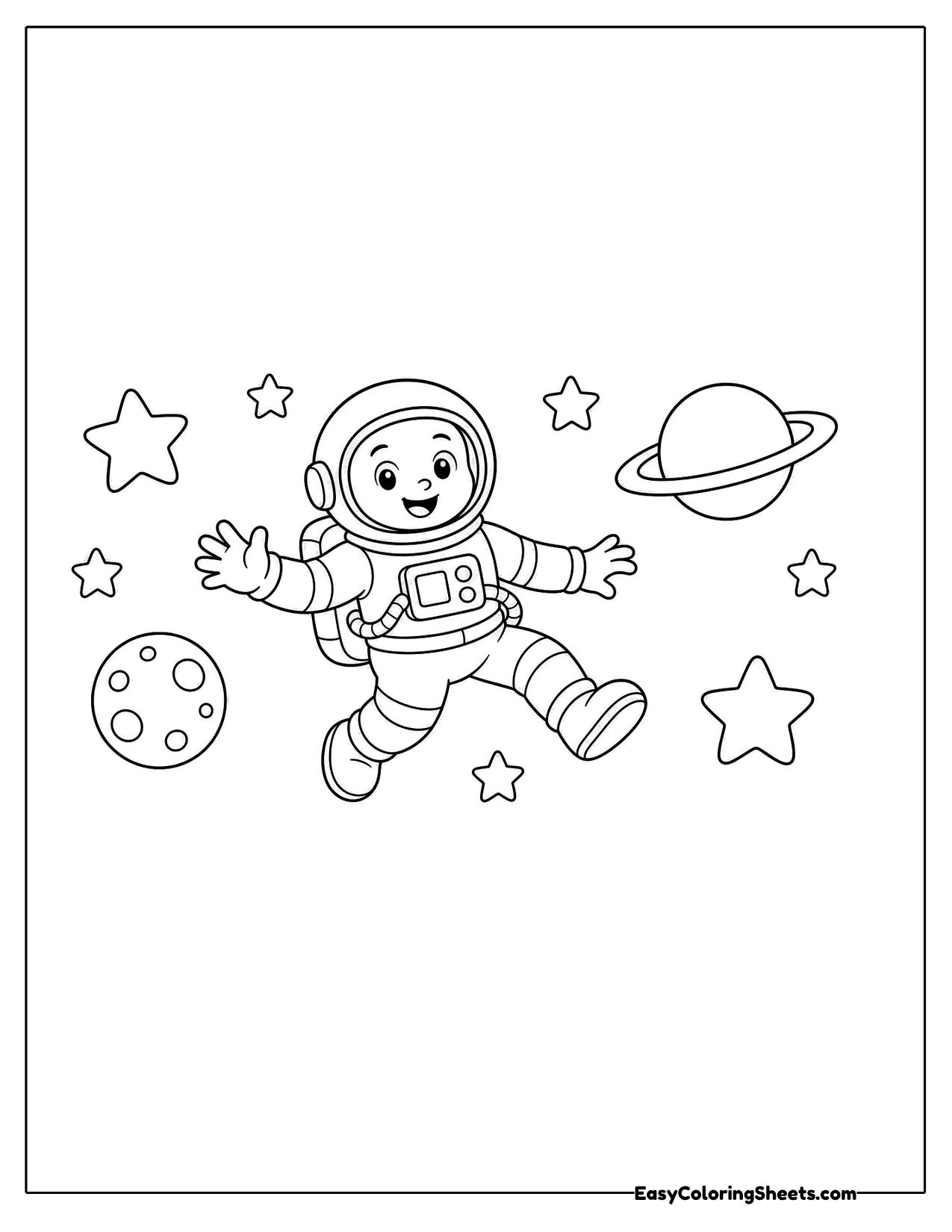 Astronaut floating among stars and planets