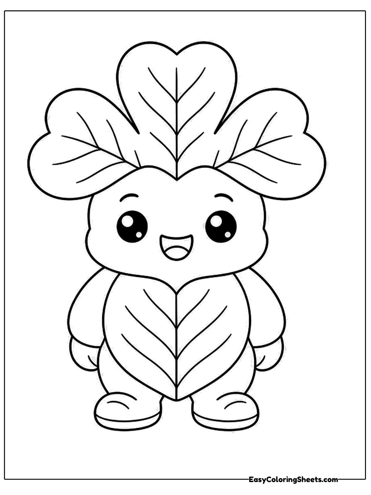 A cute character with a three-leaf clover for a head and a leafy body smiles on this lucky page.