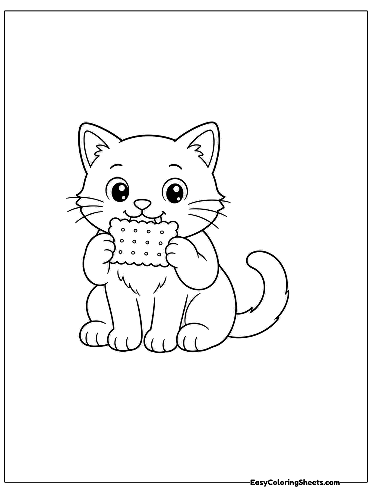 A fluffy kitten sits up and holds a square cracker in its paws as if taking a little bite.
