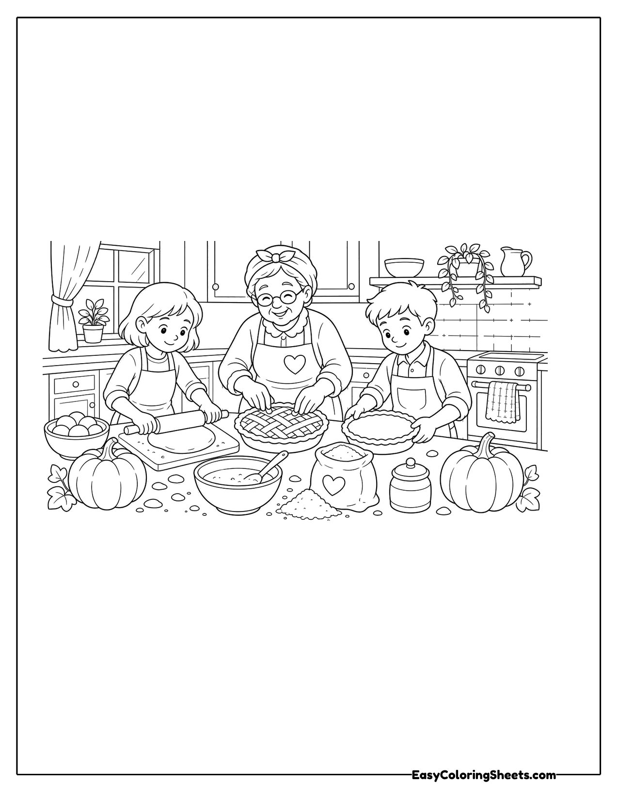 Grandmother and children rolling dough and baking pies in a kitchen