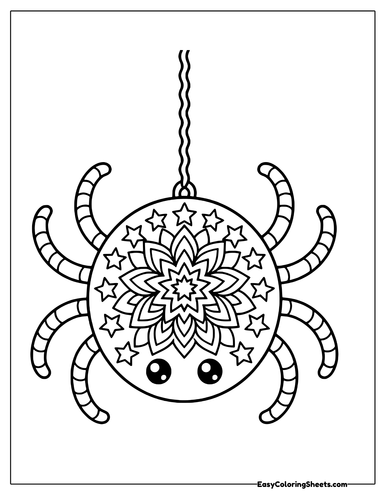 Smiling spider on a thread with a star and flower mandala body