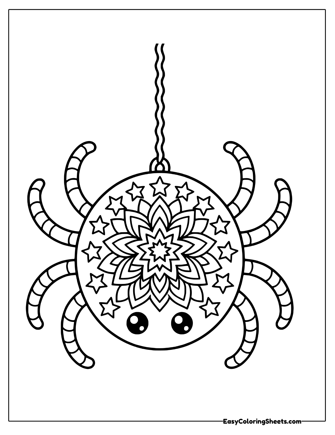 Smiling spider on a thread with a star and flower mandala body