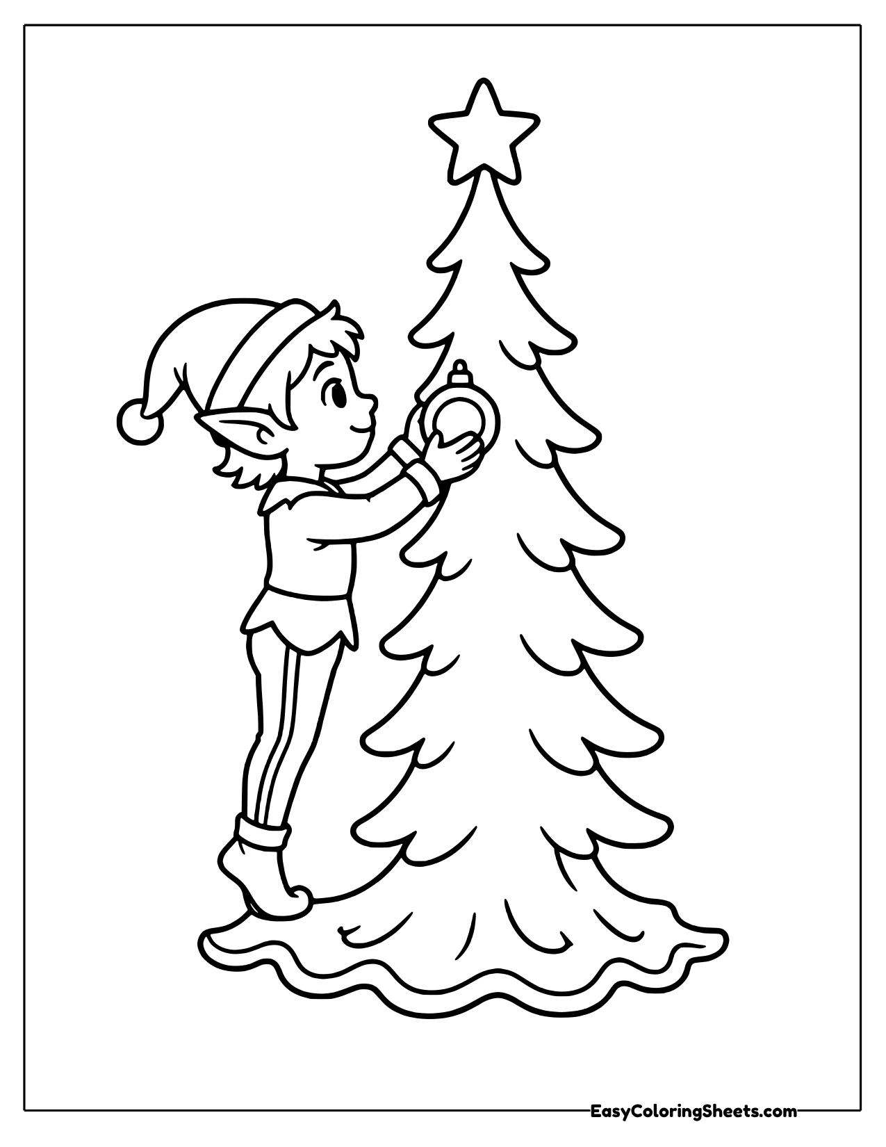 Elf decorating a tall Christmas tree