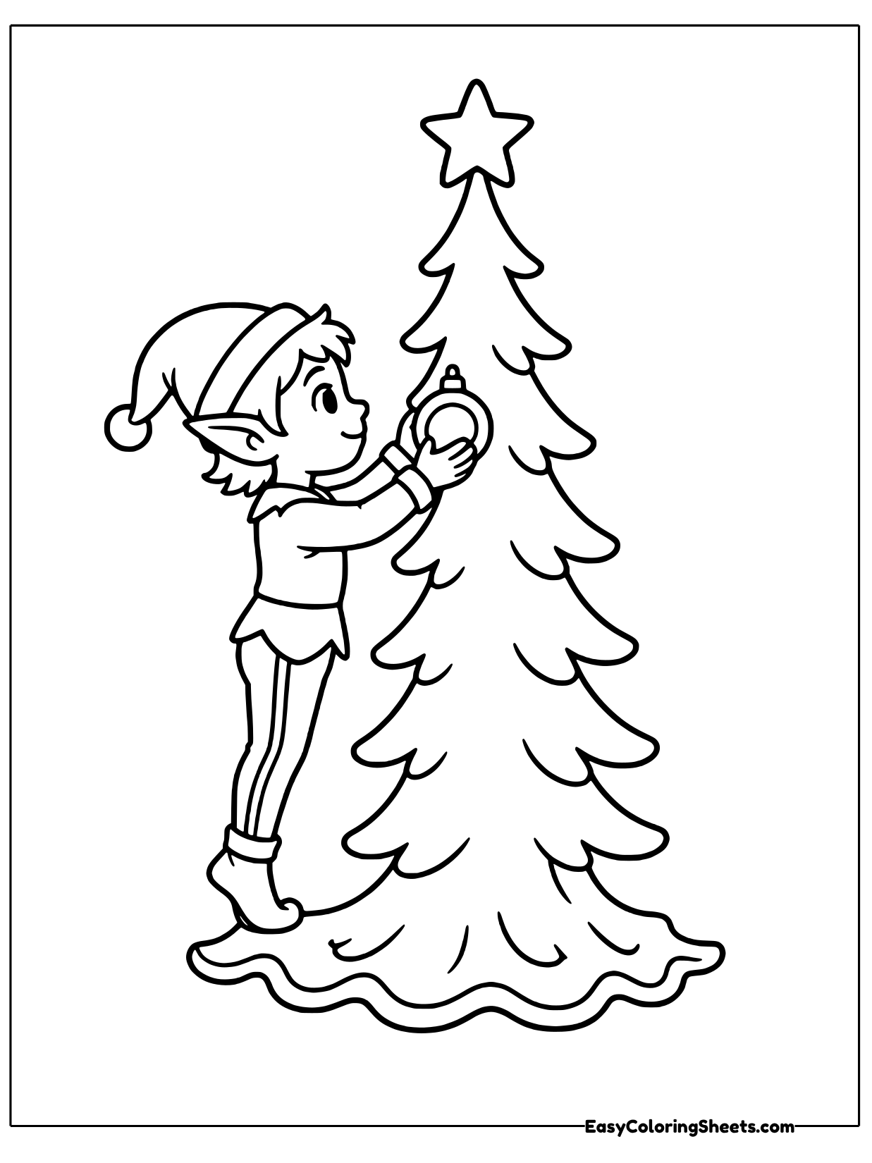 An elf stretches up to hang decorations on a tall Christmas tree topped with a star.