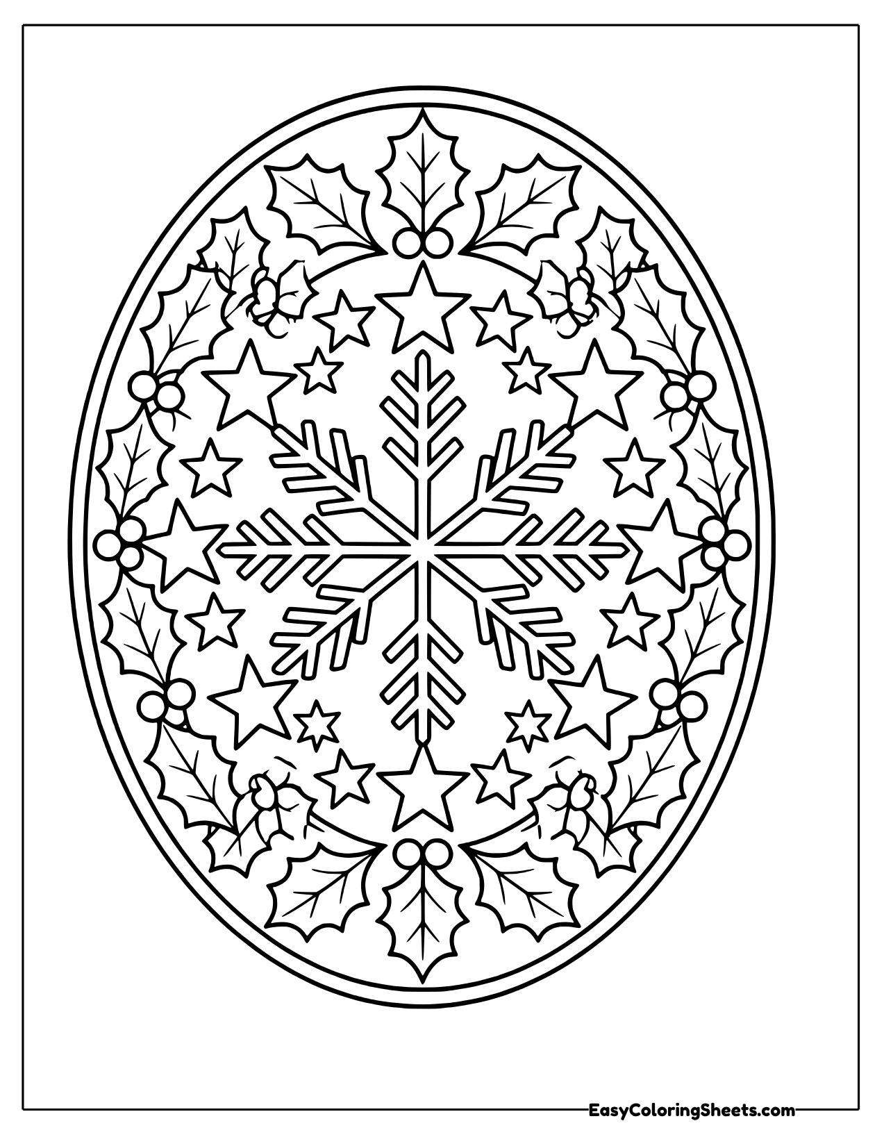 Oval mandala with a big snowflake and holly