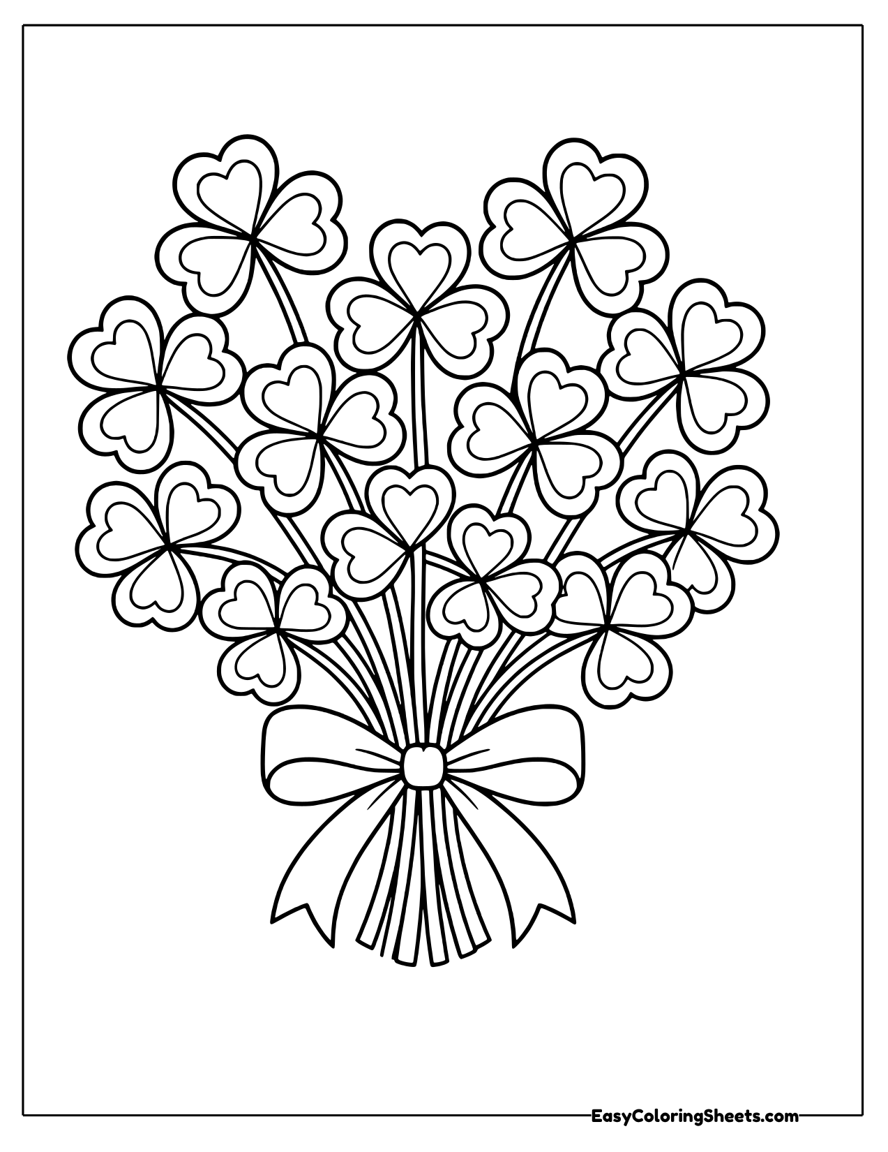 Bouquet of many three leaf clovers tied with a ribbon bow