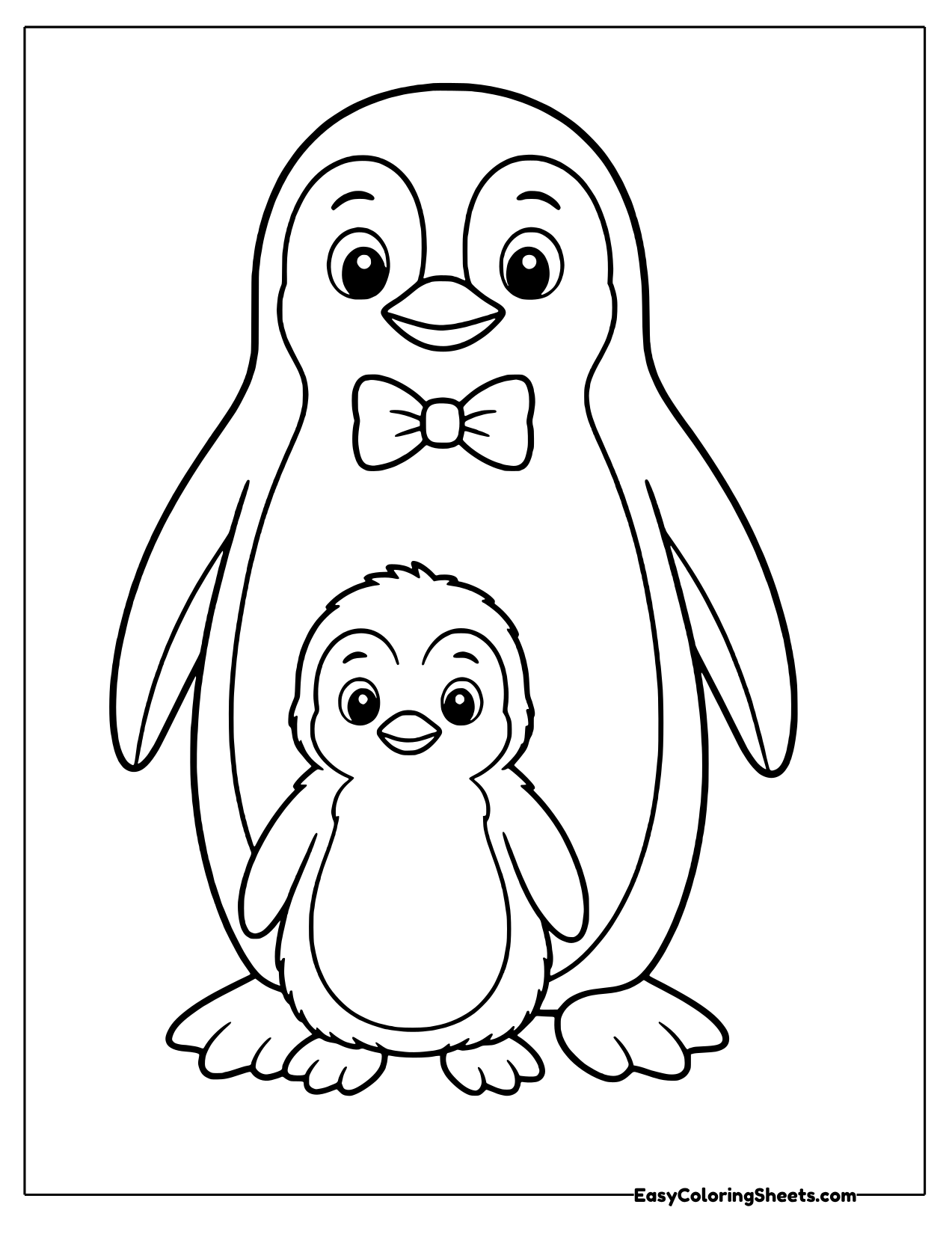 Penguin dad in a bow tie standing with a small chick in front of him