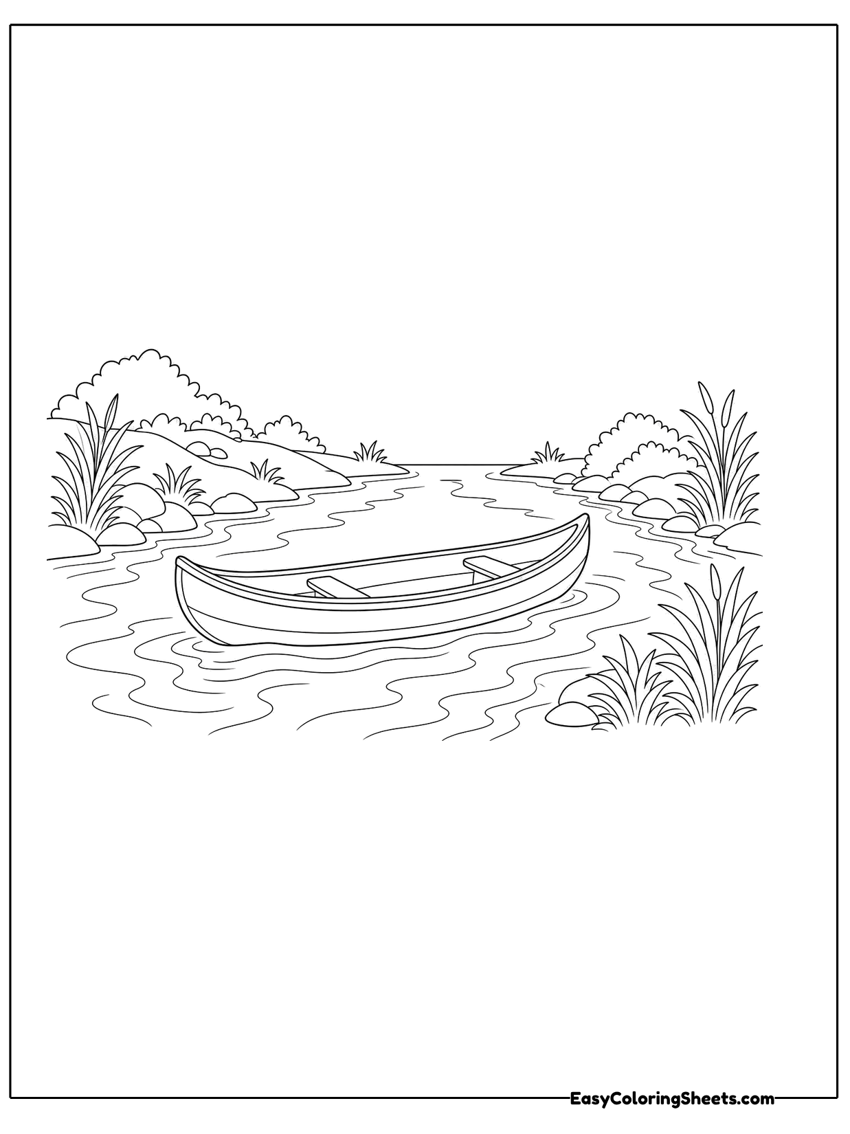 A canoe floats on a calm river with grassy banks, reeds and trees on the far shore.
