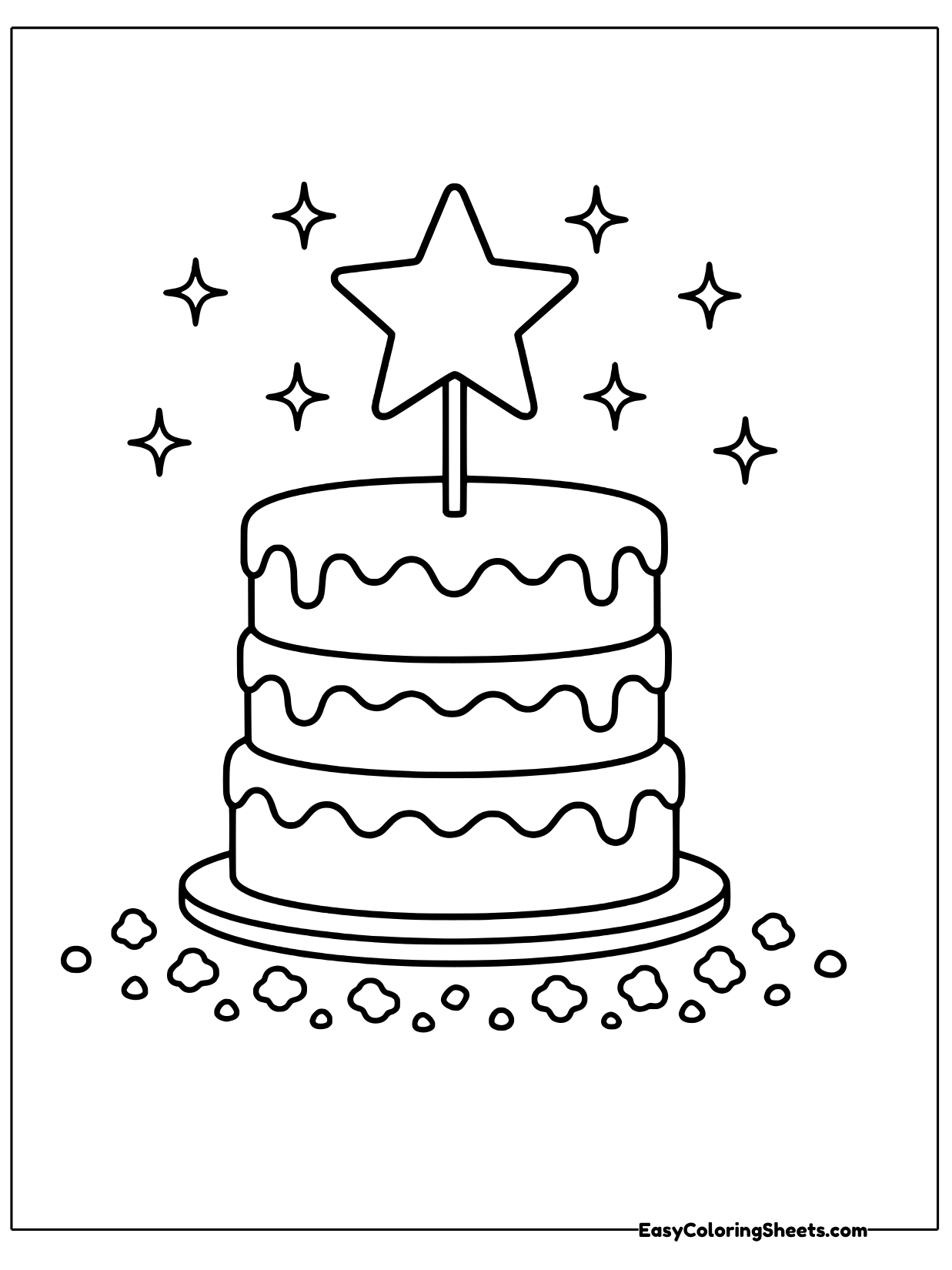 A tiered cake with frosting drips has a star on a stick poking out of the top.