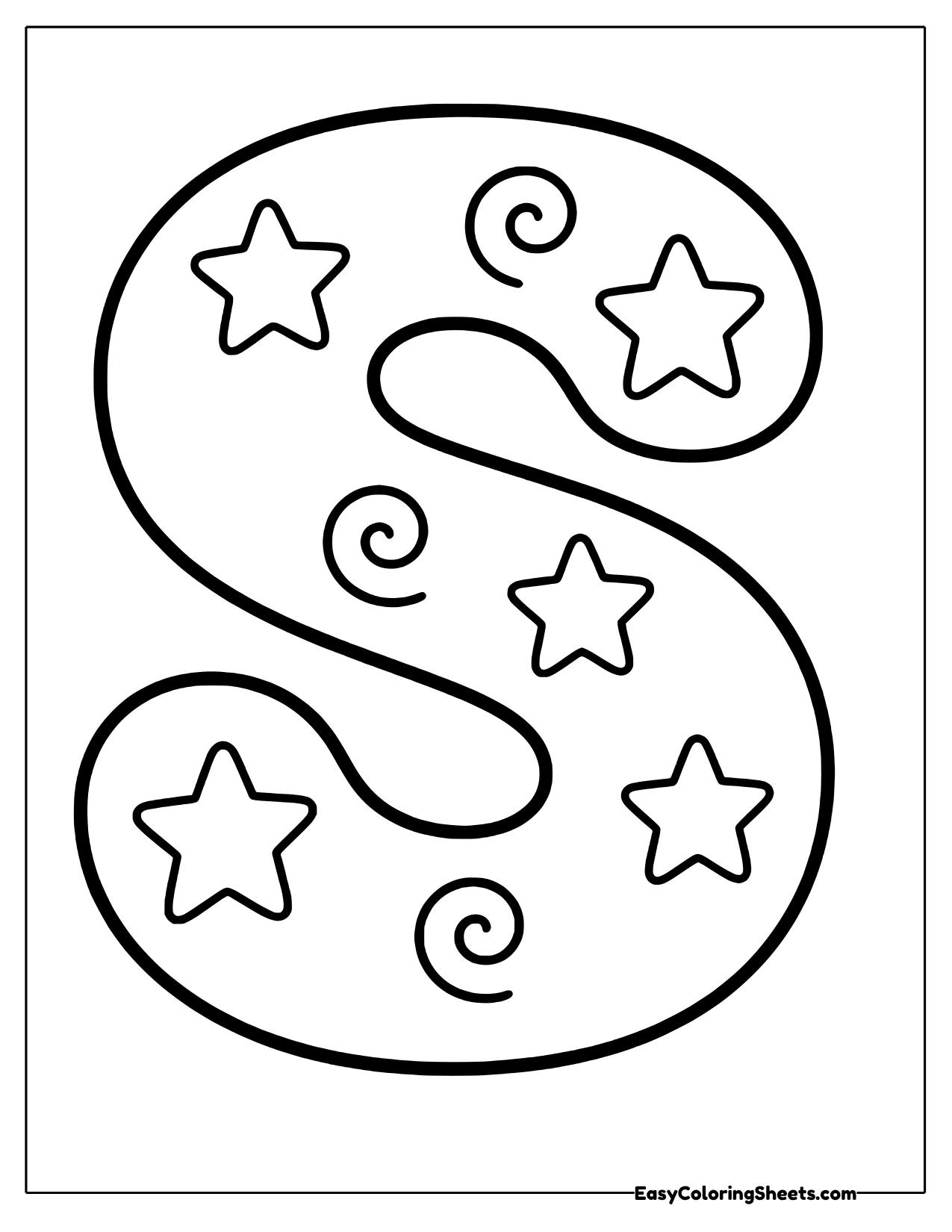 Bubble letter S filled with stars and swirls