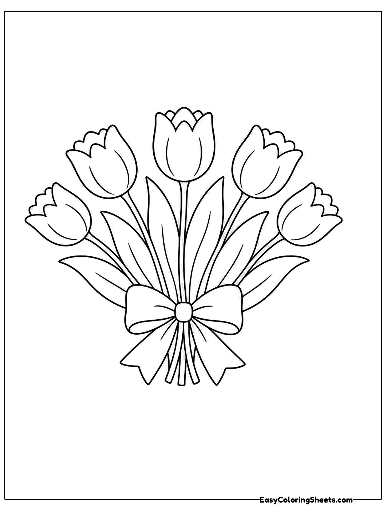 A bunch of tulips with slender stems is tied together with a big ribbon bow.