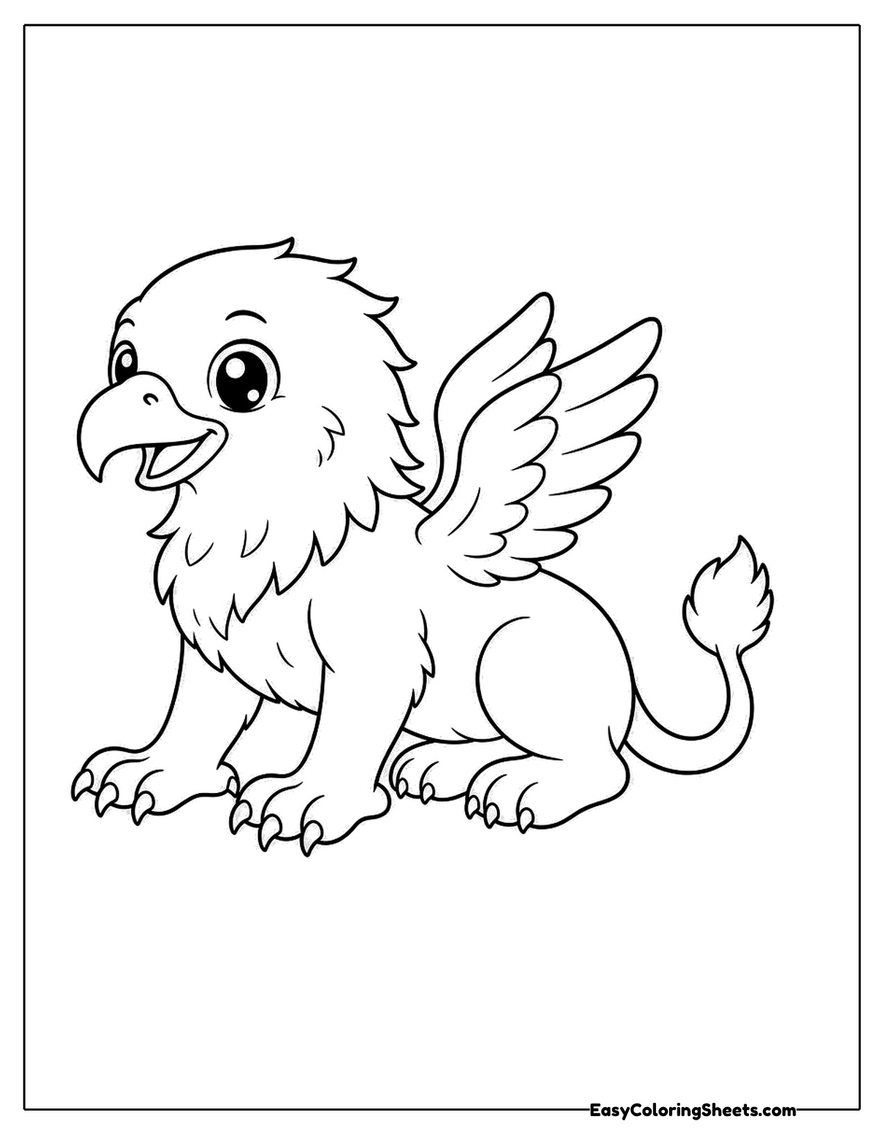 Young griffin sitting with feathered wings raised