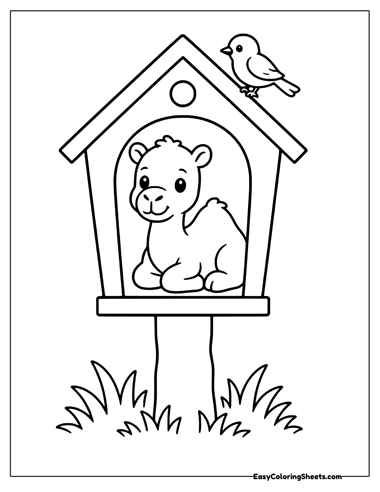 Camel inside a birdhouse with a bird on the roof