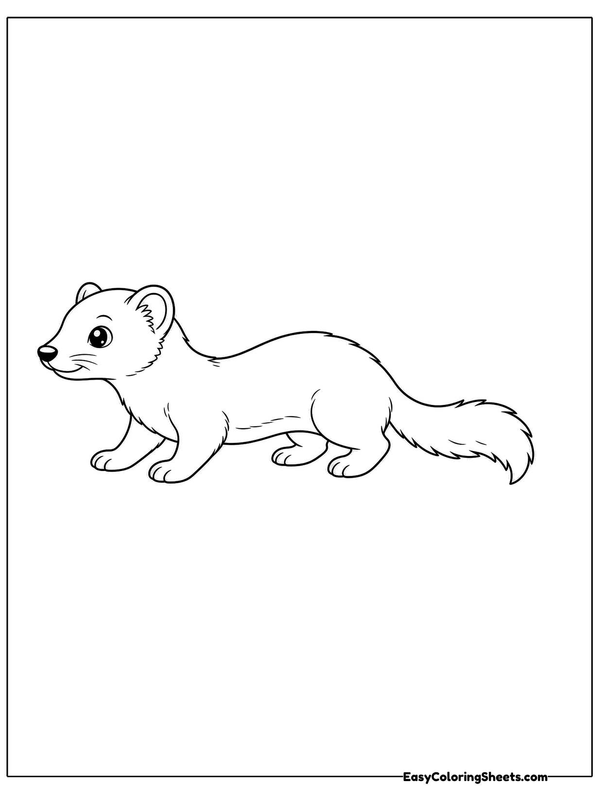 A slender weasel stretches out its long body in profile, its small legs and bushy tail clearly drawn.