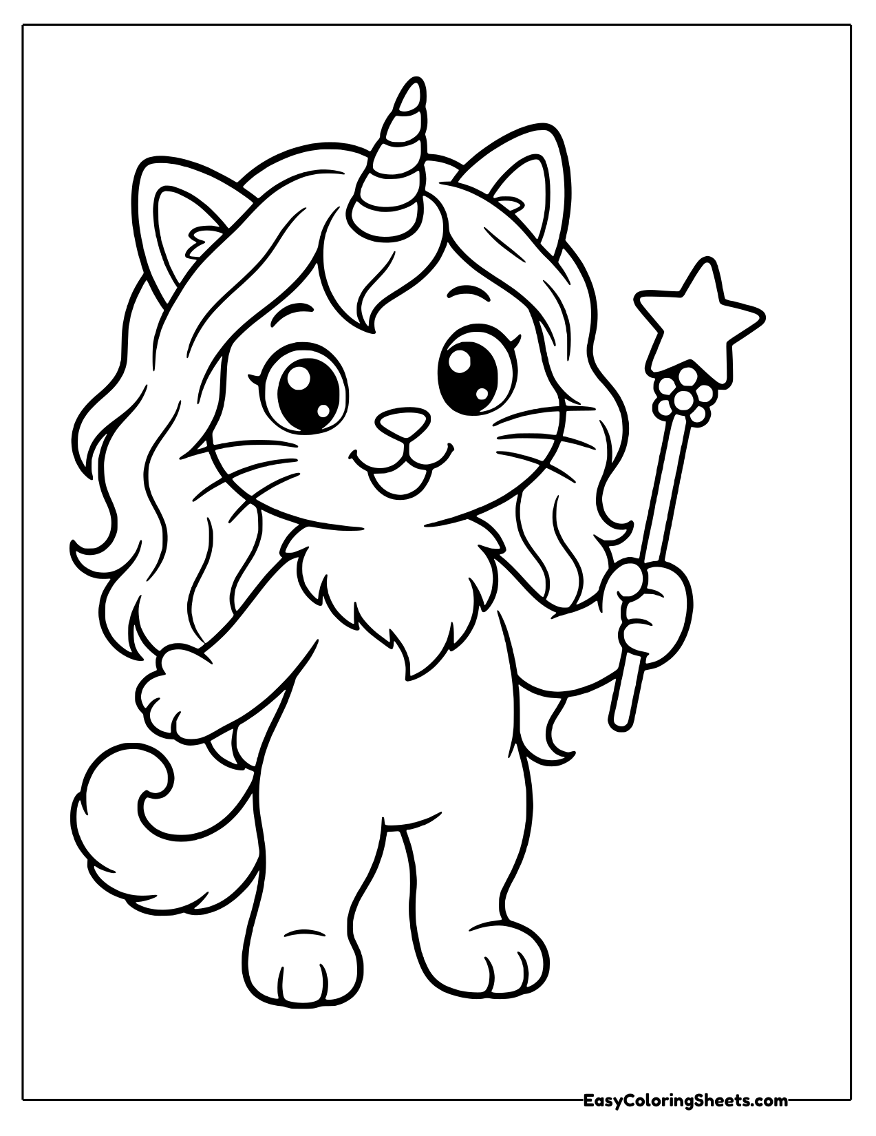 Unicorn cat with flowing hair standing and holding a star wand