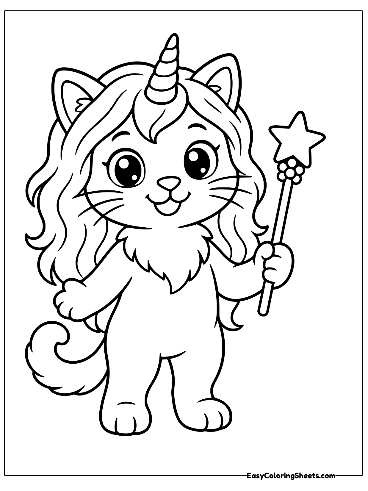 A unicorn cat with long flowing hair stands on two legs and waves a star tipped wand in one paw.
