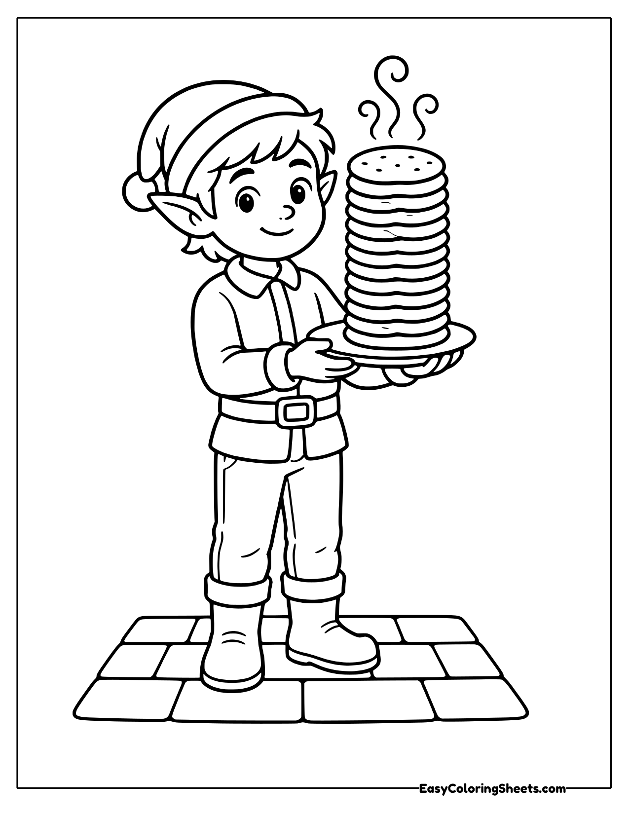 Elf carrying a tall stack of cookies