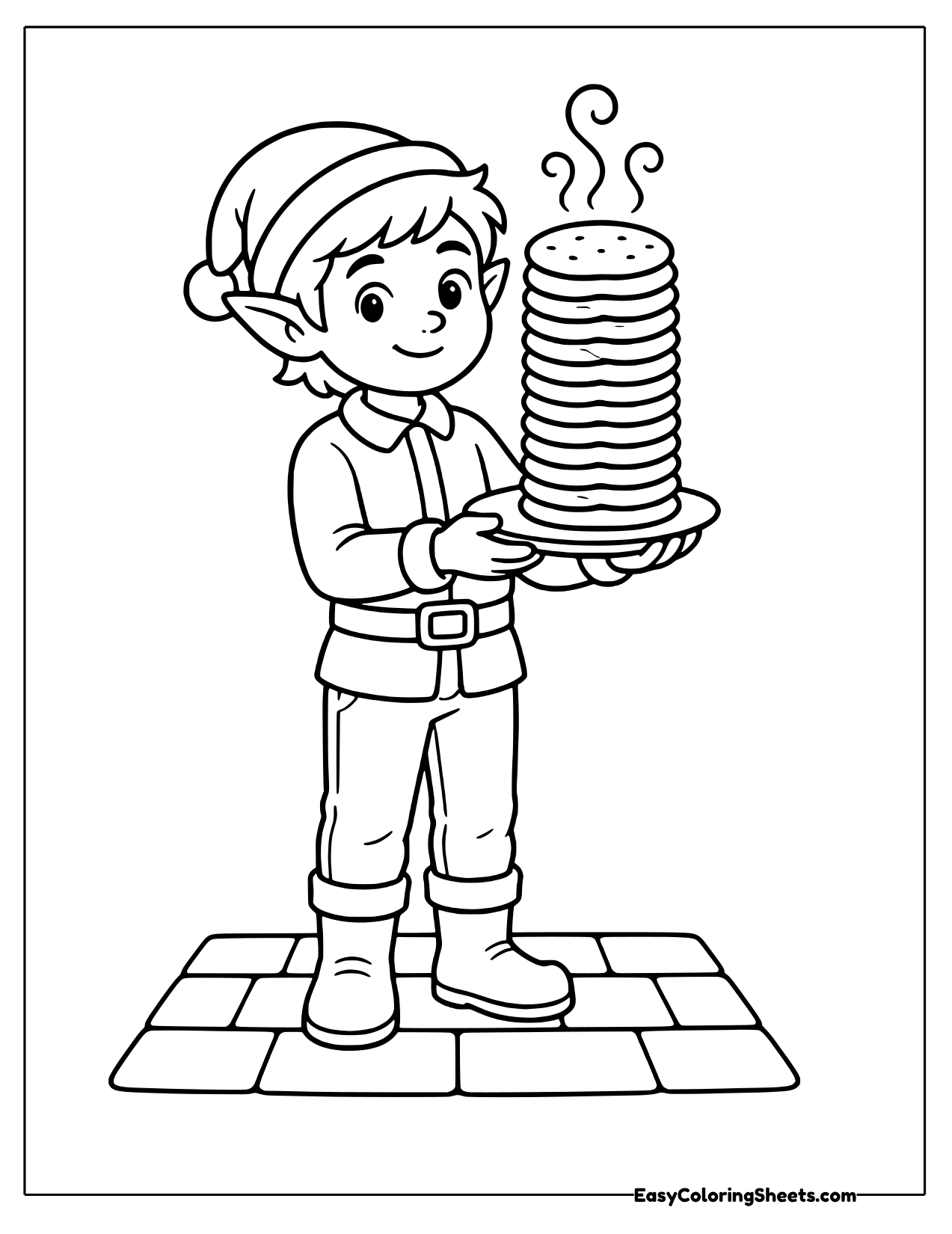 Elf carrying a tall stack of cookies