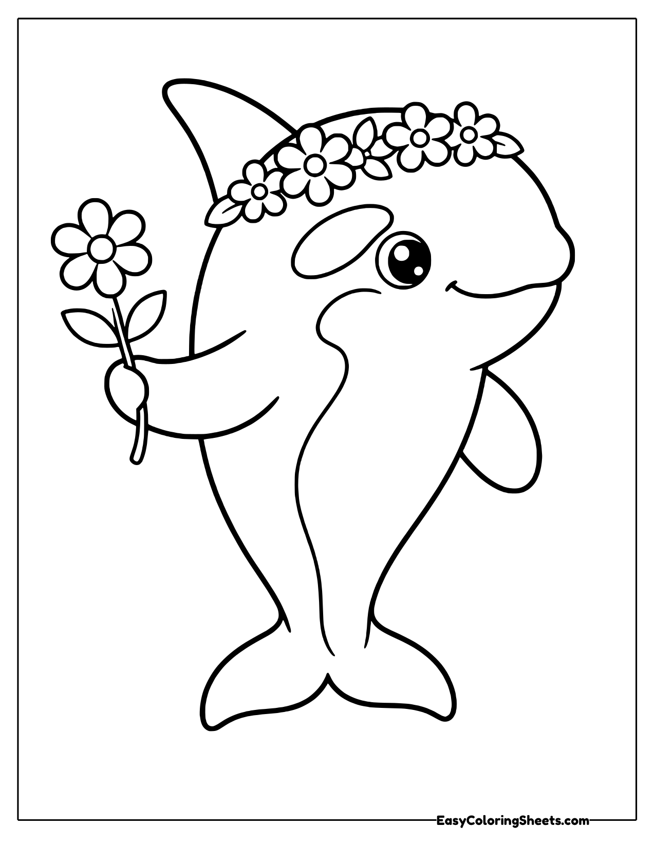 Orca wearing a flower crown and holding a daisy