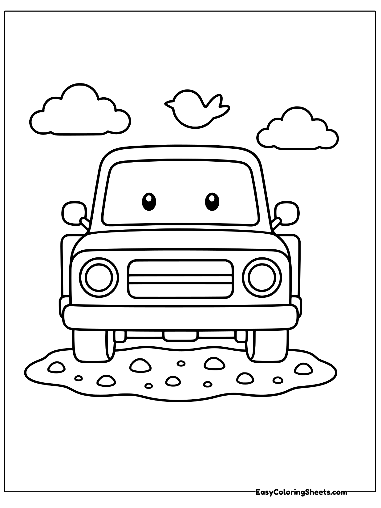 A pickup truck with a friendly face, round headlights and a wide grille stands under clouds and a bird.