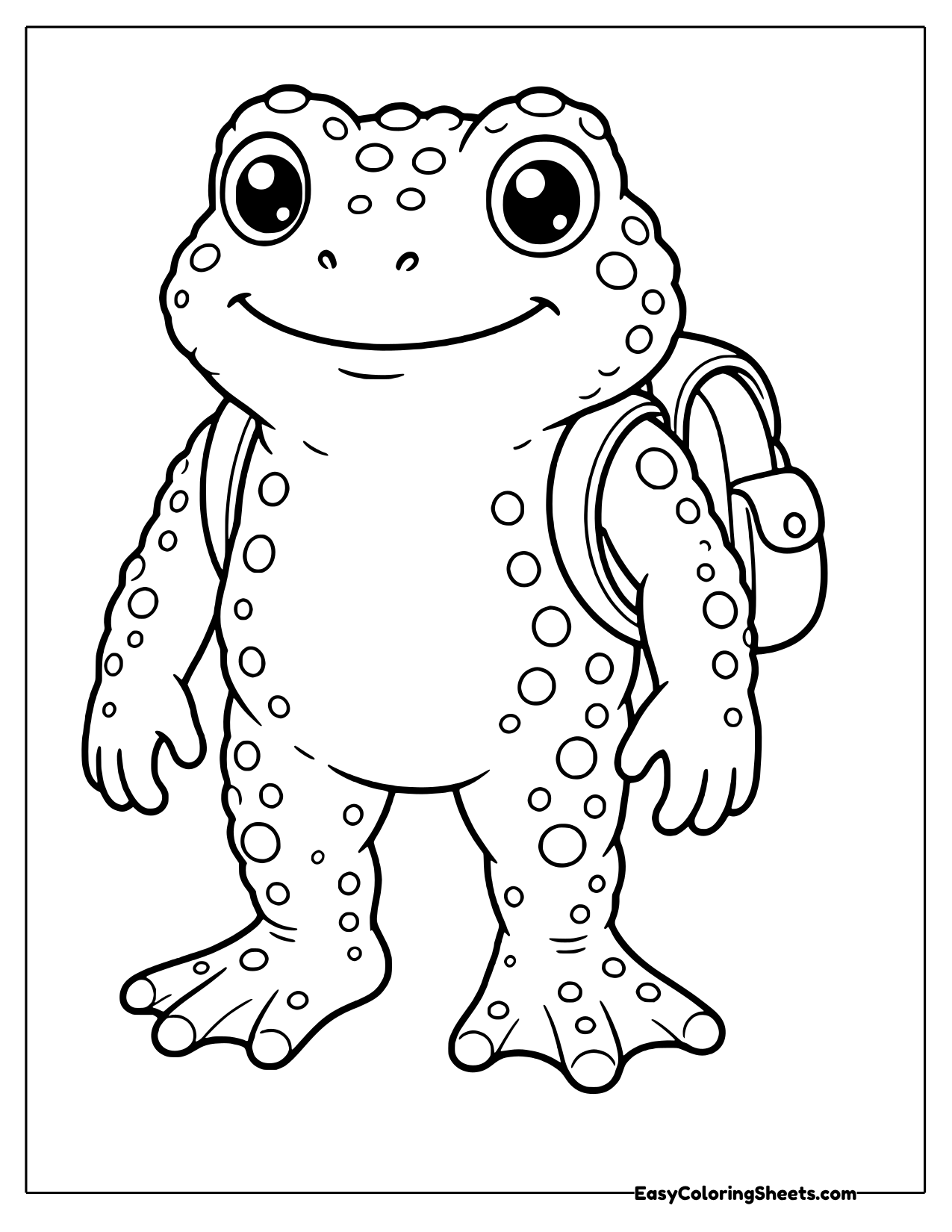 Bumpy toad standing and wearing a small backpack