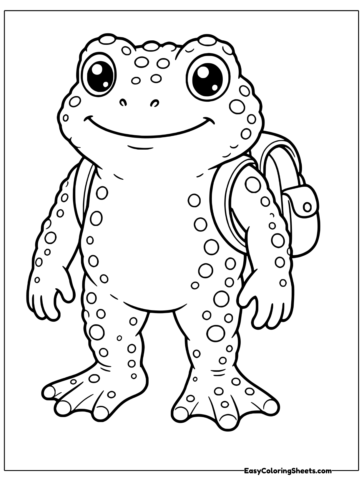 A bumpy toad stands on its long webbed feet wearing a small backpack, ready for a day of adventure.
