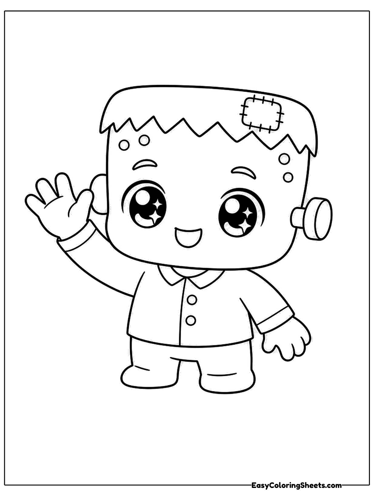 A small cartoon monster with a flat topped head, stitched brow and neck bolts waves hello with a big smile.