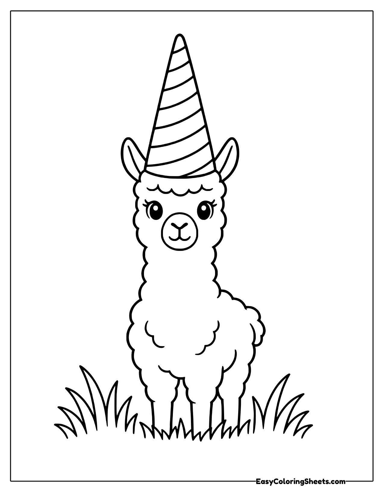 Llama wearing a striped party hat