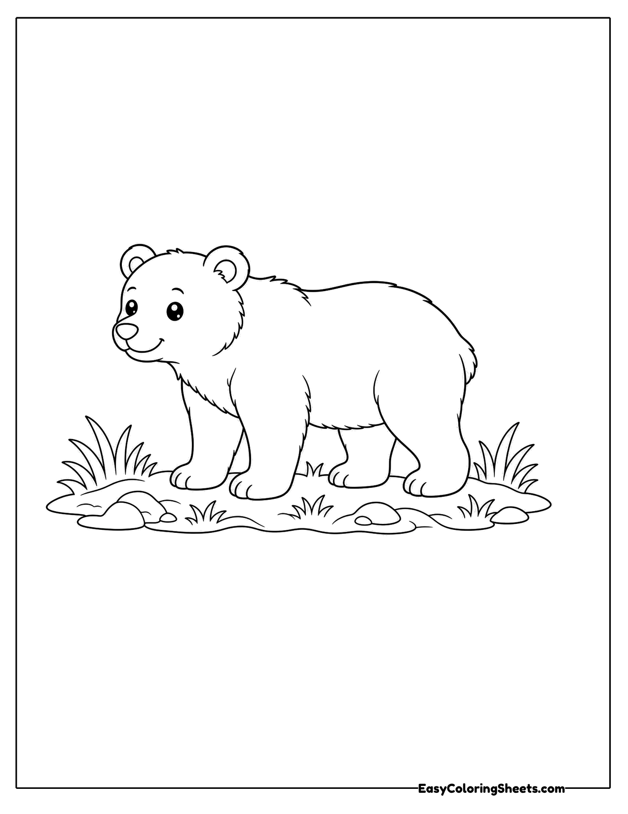 Bear walking on grass in side view