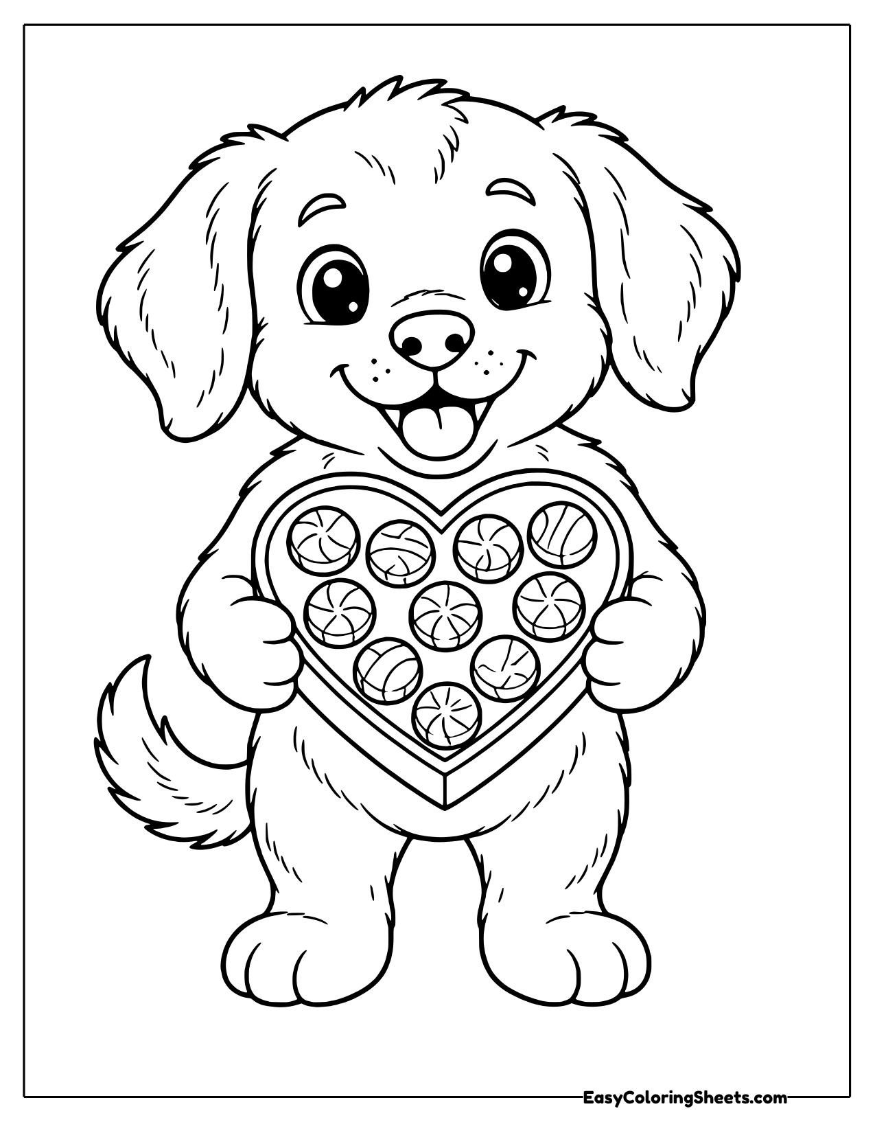 Smiling puppy standing upright holding a heart-shaped box of chocolates