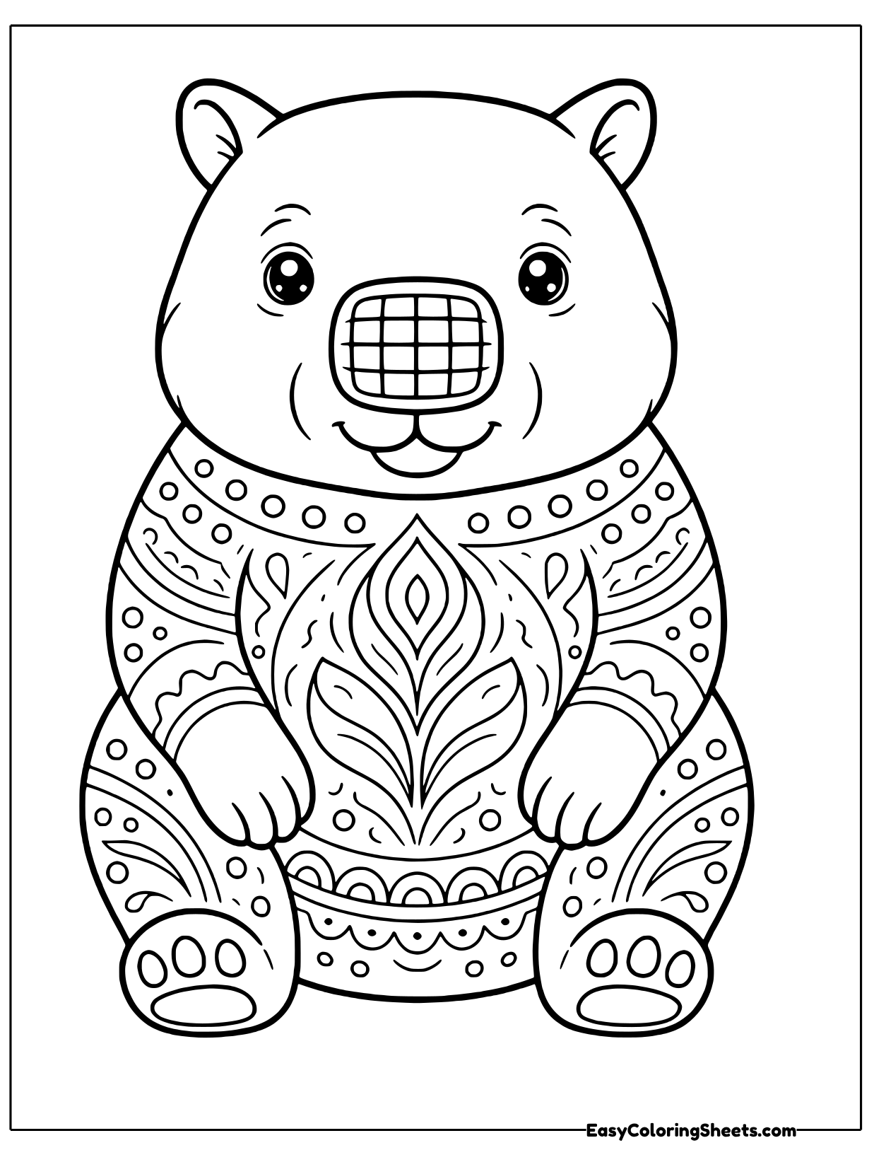 A sitting wombat is decorated with patterns.