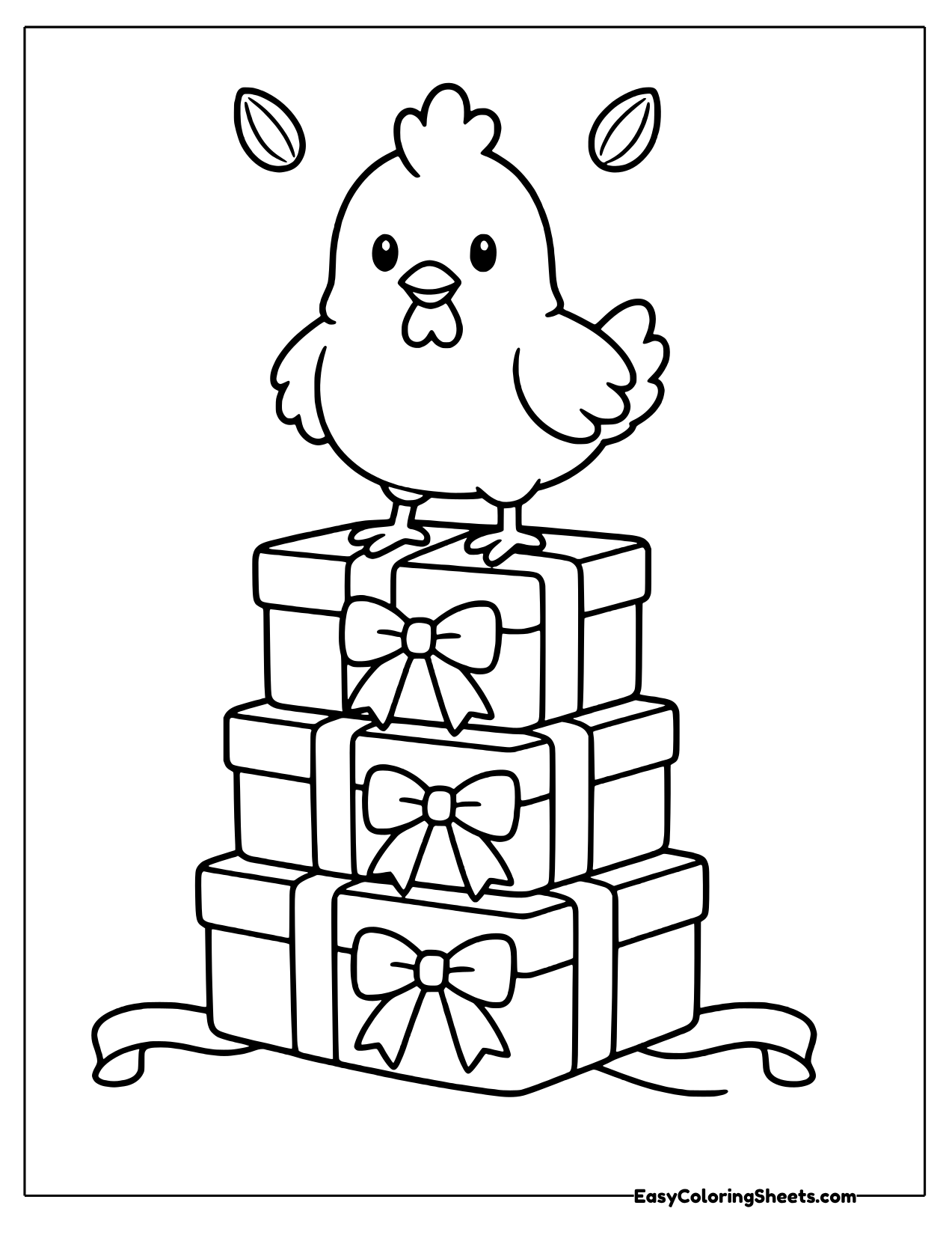 Chicken standing on stacked gift boxes