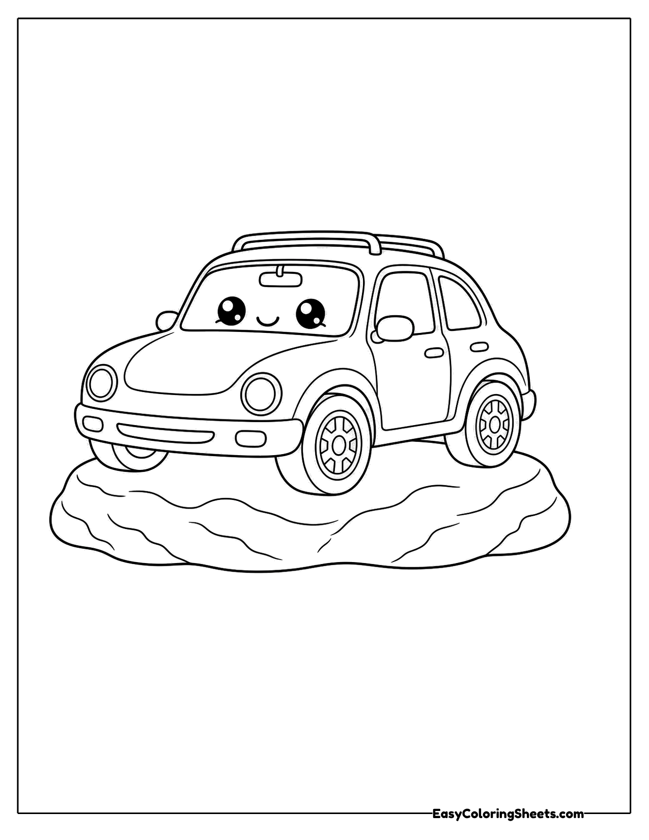 A happy little car sits proudly on top of a wide flat rock with a roof rack and round headlights.