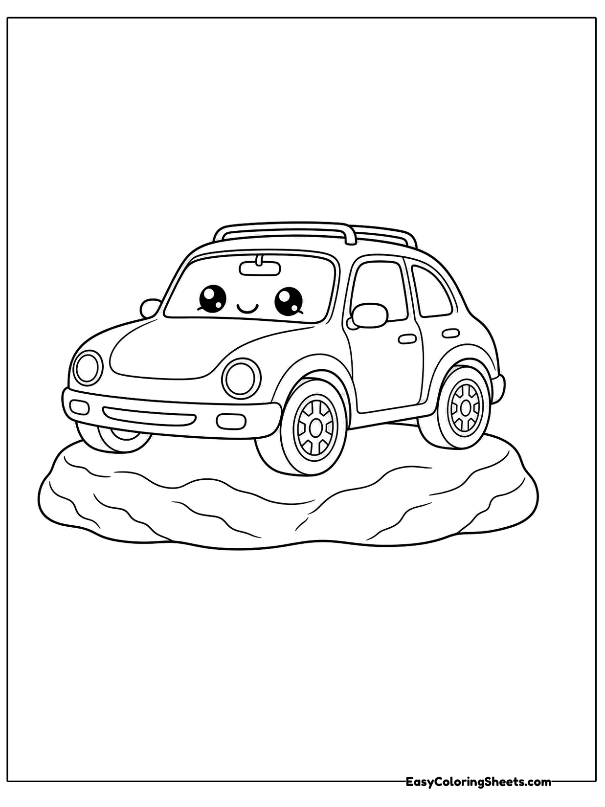 A happy little car sits proudly on top of a wide flat rock with a roof rack and round headlights.
