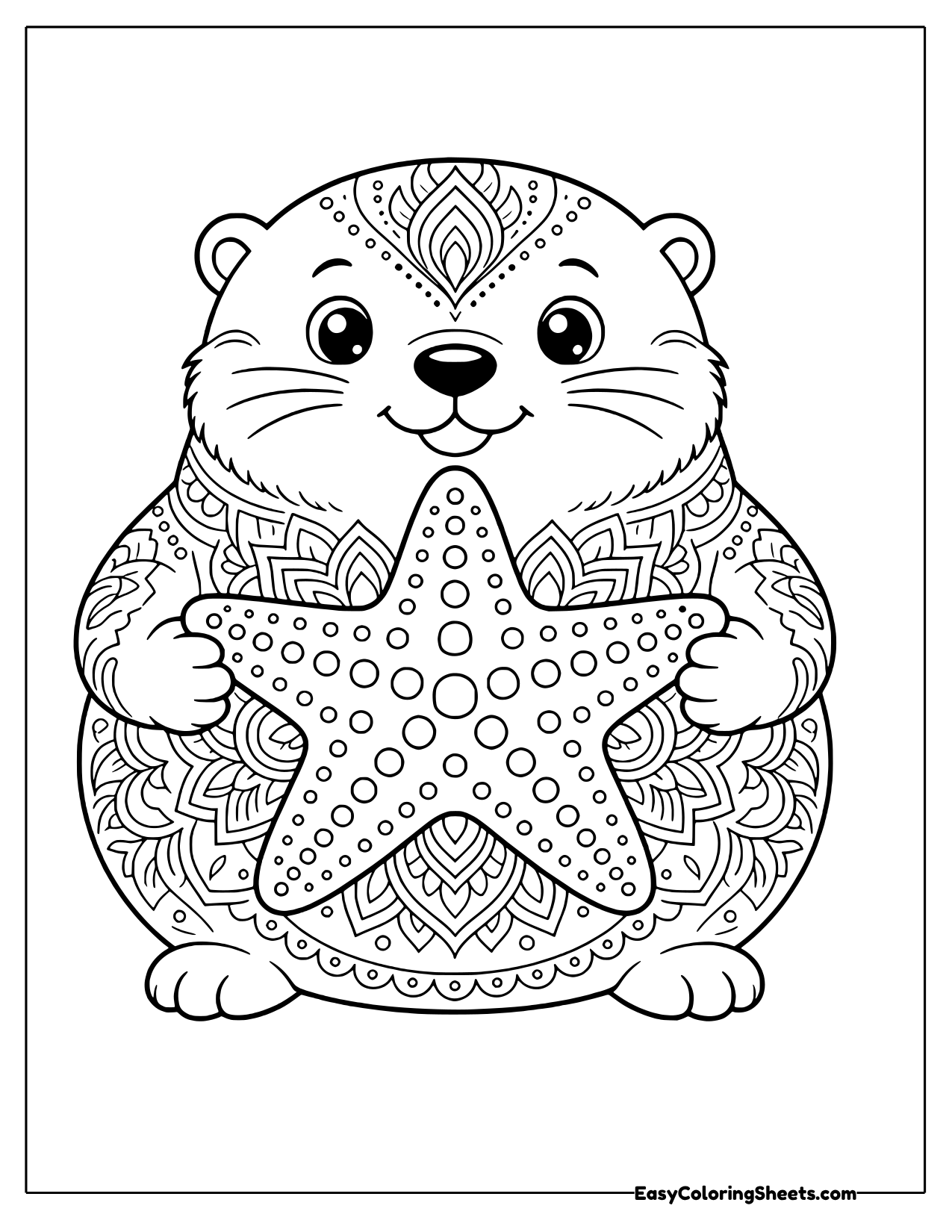 Otter hugging a starfish with mandala patterns