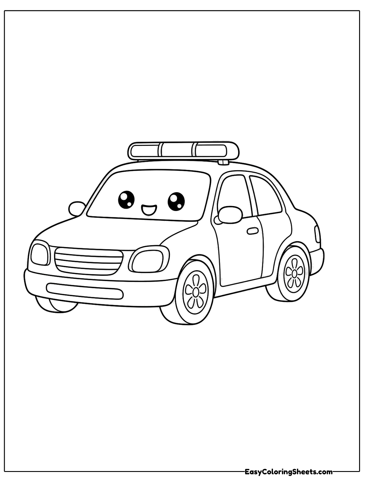 A police car with a smiling face, headlight eyes and roof lights rolls forward.